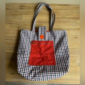 Gingham Canvas Tote Burgundy, Cream, and Blue with Orange Lining & Zipper Pocket